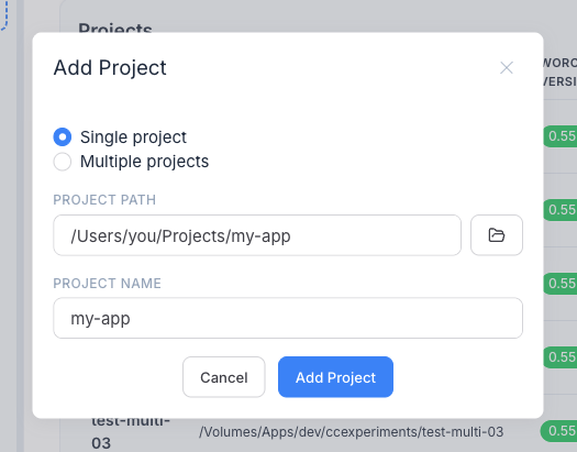 The Add Project dialog: Single project / Multiple projects options with a project path filled in and the name auto-generated from the last path segment.