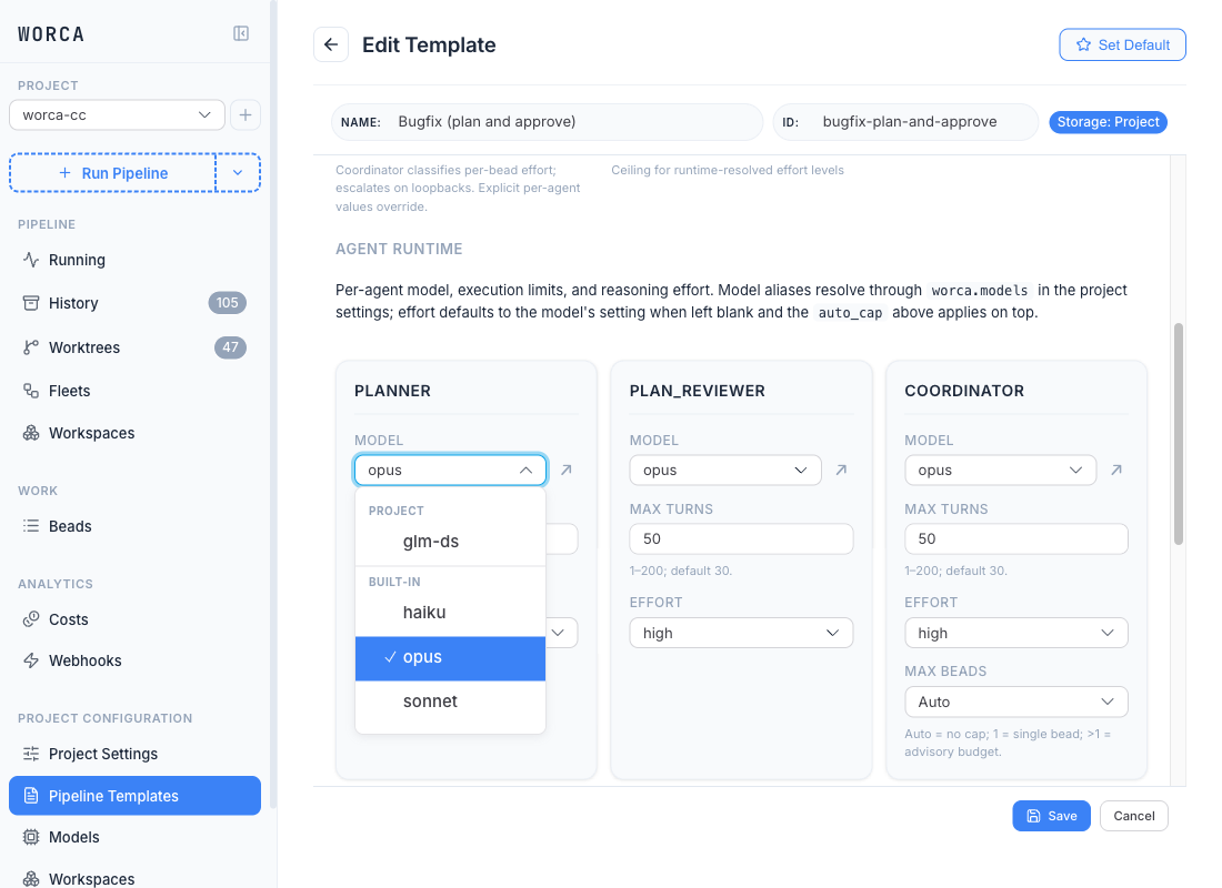 The template editor's Agents tab with the Planner's Model dropdown open, showing PROJECT and BUILT-IN section headers (glm-ds under Project; haiku, opus, sonnet under Built-in) and a ↗ jump-to-Models link next to each agent's model field.