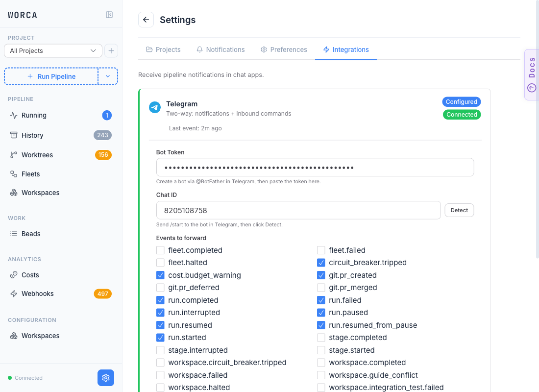 Telegram adapter edit form: Bot Token field (masked dots) with caption "Create a bot via @BotFather in Telegram, then paste the token here", Chat ID field (8205108758) next to a Detect button with caption "Send /start to the bot in Telegram, then click Detect", and an "Events to forward" checkbox grid covering fleet.completed, fleet.failed, fleet.halted, circuit_breaker.tripped, cost.budget_warning, git.pr_created, git.pr_deferred, git.pr_merged, run.completed, run.failed, run.interrupted, run.paused, run.resumed, run.resumed_from_pause, run.started, stage.completed, stage.interrupted, stage.started, and workspace.* events.