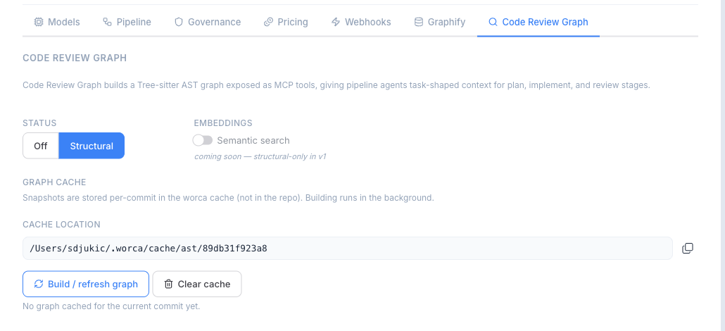 The Settings → Code Review Graph tab: the Off / Structural selector, detection status, install command, and Build / Clear controls.