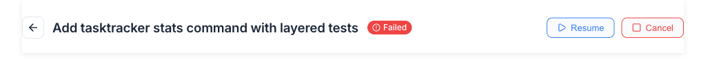 The run-detail header: the status badge with pause / resume / stop buttons.