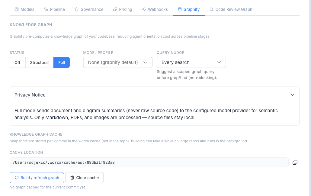 The Settings → Graphify tab: the Off / Structural / Full selector, the (Full-only) model-profile picker, and the Build / Clear cache controls.