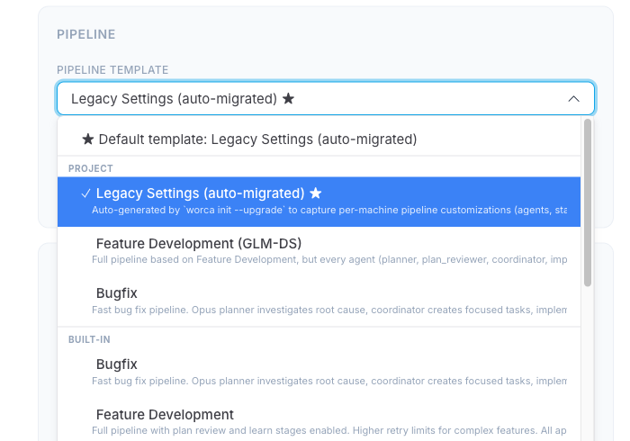 The launcher's Pipeline dropdown open, with the User, Project, and Built-in group labels separating the templates and the project default suffixed ★.
