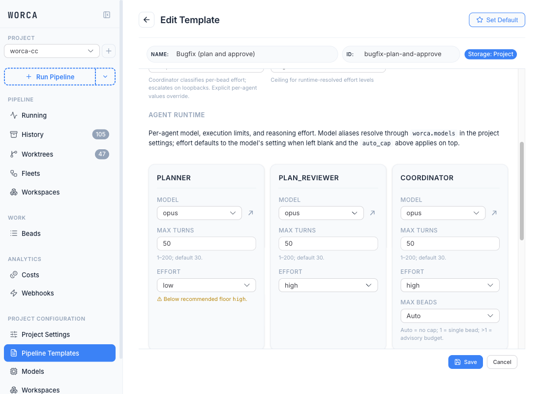 Pipeline Templates editor's Agents tab with the Planner's Effort set to "low" and a small yellow chip below the field reading "⚠ Below recommended floor high."