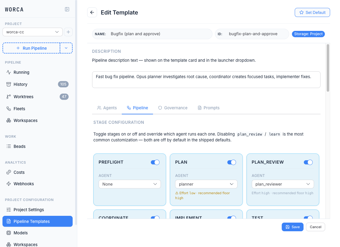 Pipeline tab showing stage cards: the PLAN stage's agent picker carries a yellow chip reading "⚠ Effort low · recommended floor high"; PLAN_REVIEW shows "Effort high · recommended floor high" without a warning.