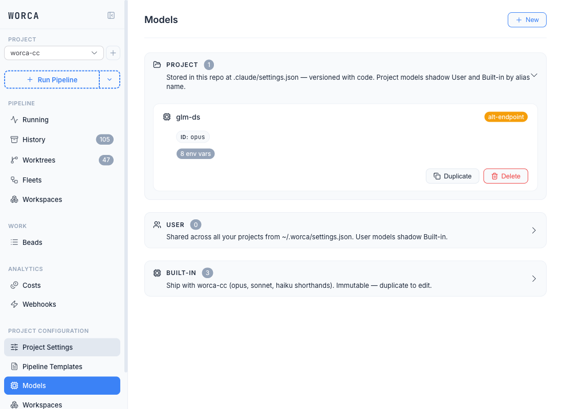 The Models list: three tier sections — Project (open), User and Built-in (collapsed) — with cards showing alias id, env-var count, and per-card actions.