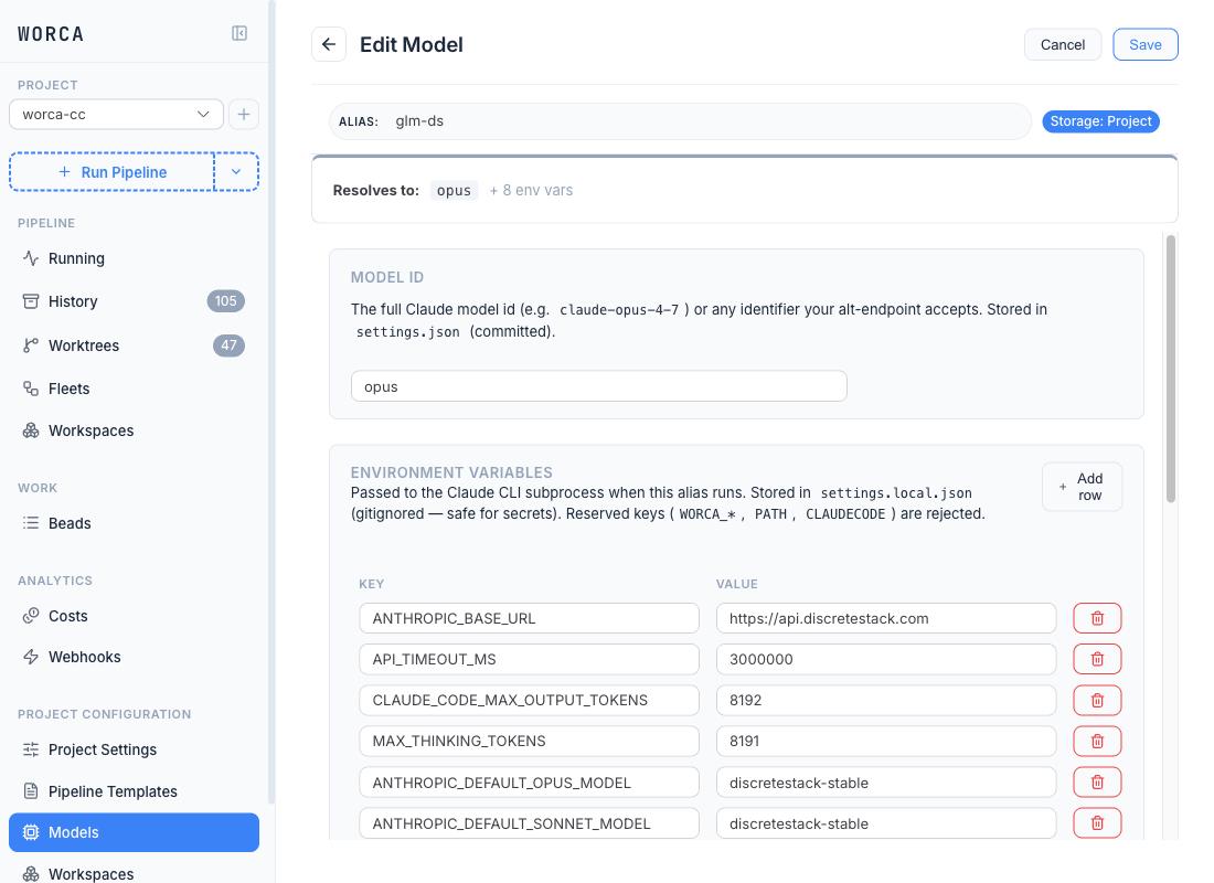 The Model Editor for an alias routed through an alt-endpoint — alias glm-ds, id opus, eight env vars including ANTHROPIC_BASE_URL pointing at the alternate endpoint.