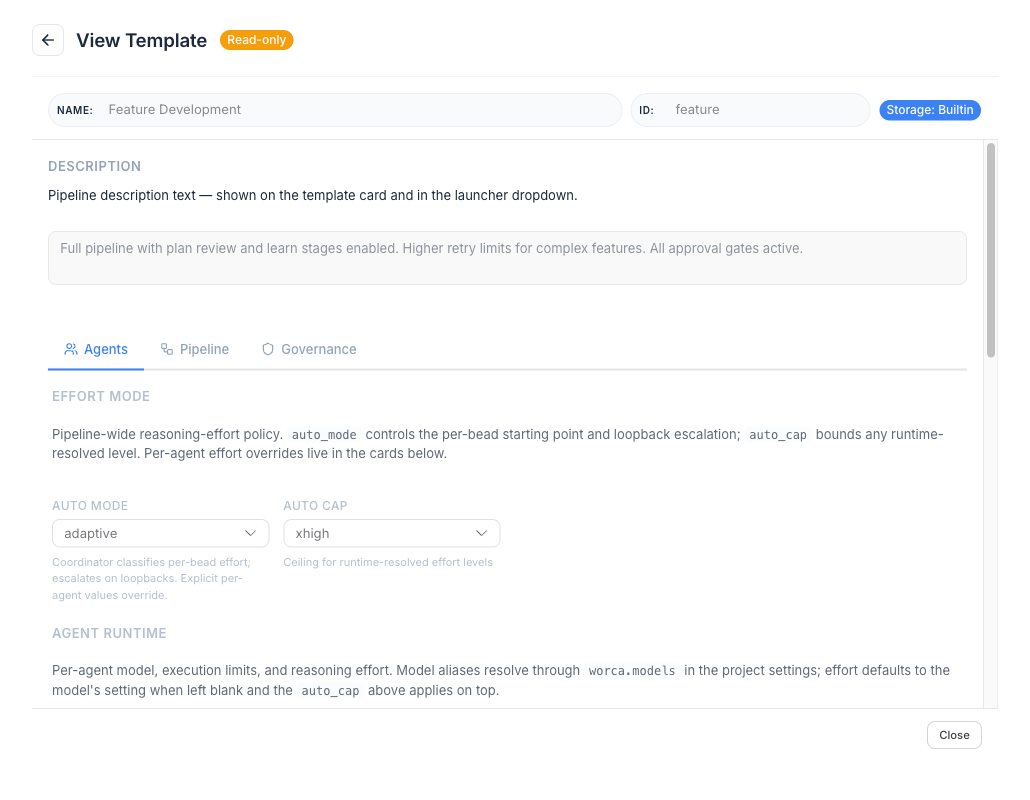 The editor in View Template mode for a built-in: subheader pills disabled, no Save button, Close + Duplicate + Export as the only actions.