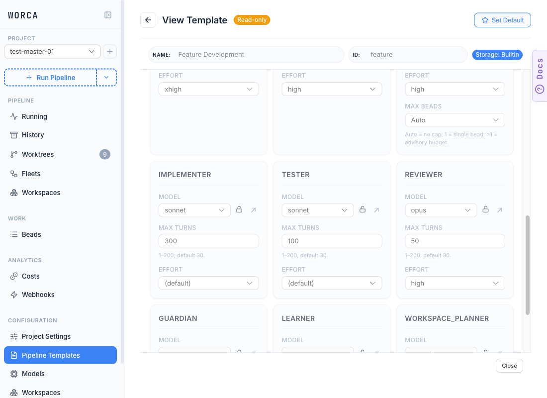 Agent cards on the Agents tab: top row shows PLANNER (effort xhigh), PLAN_REVIEWER (high), and COORDINATOR (high) with a MAX BEADS field for the coordinator. Bottom row shows IMPLEMENTER (effort (default)), TESTER (effort (default)), and REVIEWER (effort high).