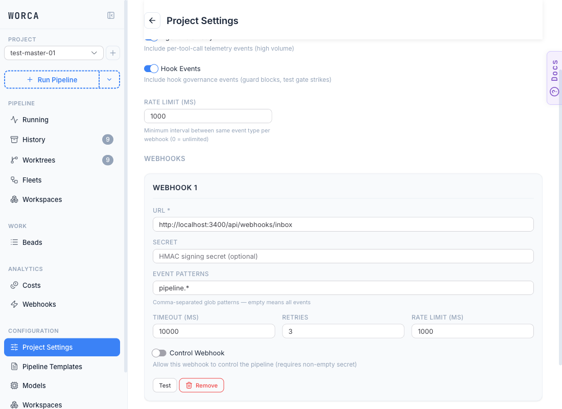 The Project Settings → Webhooks panel: Hook Events toggle and Rate limit (ms) at the top of the EVENT SYSTEM section, then the WEBHOOKS section with a Webhook 1 card containing URL, SECRET (HMAC signing), EVENT PATTERNS (set to pipeline.*), TIMEOUT (10000) / RETRIES (3) / RATE LIMIT (1000) fields, a Control Webhook sl-switch (off) with the description "Allow this webhook to control the pipeline (requires non-empty secret)", and Test / Remove buttons. Add Webhook + Save / Reset buttons sit beneath.